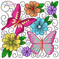 Butterfly And Flowers Quilt Blocks Embroidery Design Bundle-5