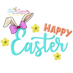 Happy Easter Bunny Ears And Bow Embroidery Lettering Design-1