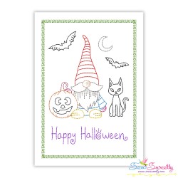 Cardstock Embroidery Design Pattern- Happy Halloween Gnome And Cat-1