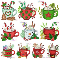 Christmas Hot Chocolate Cups Embroidery Design Bundle-1