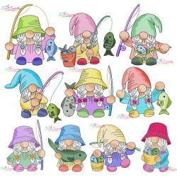 Girl Fishing Gnomes Embroidery Design Bundle-1