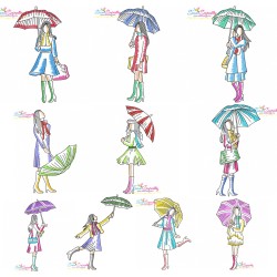 Girls With Umbrella Embroidery Design Bundle-1
