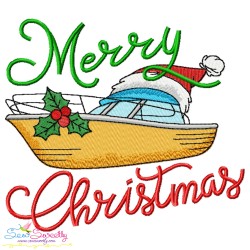 Embroidery Design - Merry Christmas Boat With Santa Hat-1