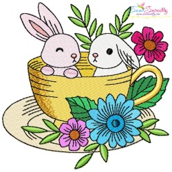 Bunny With Floral Cup Embroidery Design Bundle