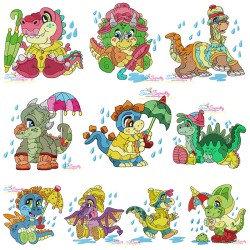 Rainy Baby Dinosaurs Embroidery Design Bundle-1