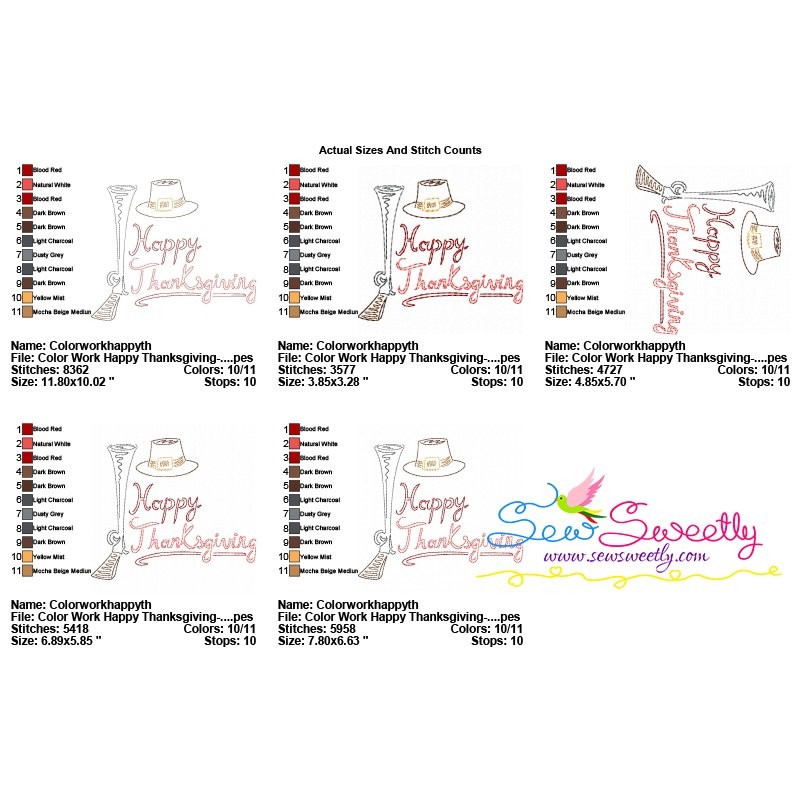 Color Work Happy Thanksgiving Bean/Vintage Stitch Machine Embroidery Design Pattern-2