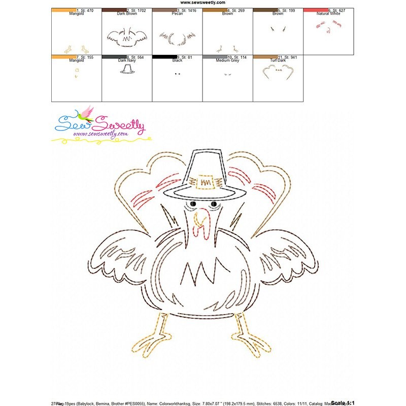 Color Work Thanksgiving Turkey Vintage Stitch Embroidery Design Pattern-3