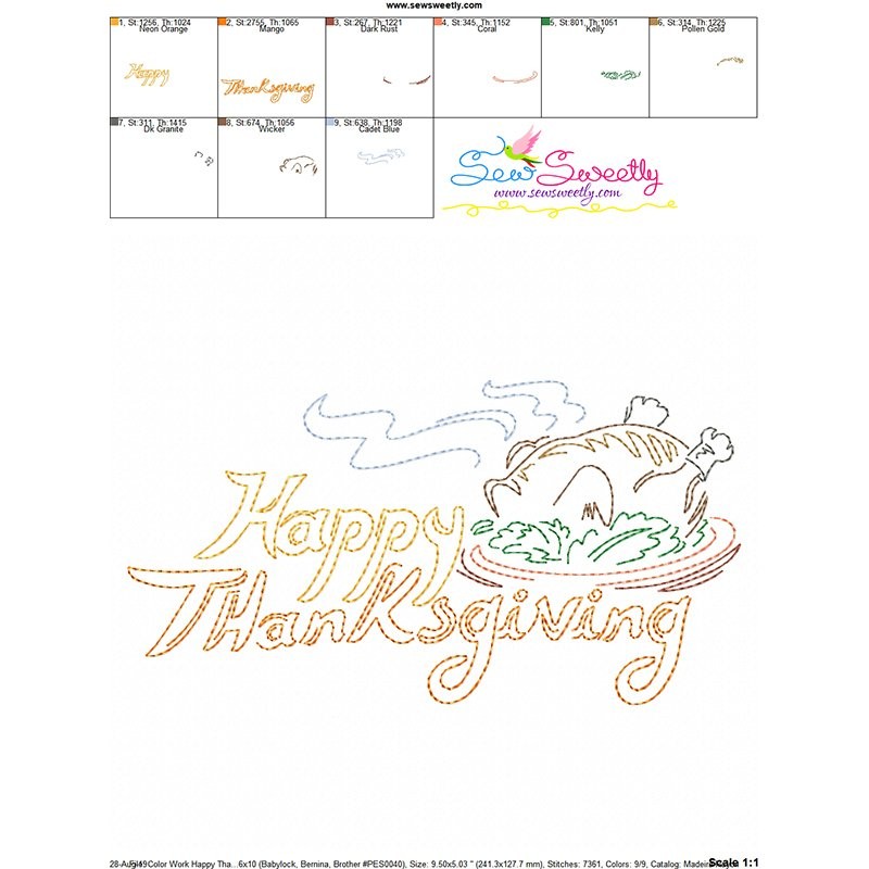 Color Work Happy Thanksgiving-2 Bean/Vintage Stitch Embroidery Design Pattern-3