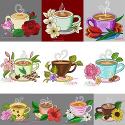 Cup And Flowers Embroidery Design Bundle-1